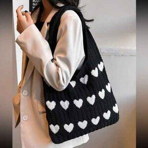 Black Cable Knit Tote Bag Purse w Cream Heart